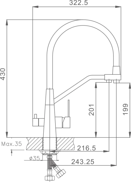 Смеситель д/к HAIBA HB 76822 с подключением фильтра, гибкий излив серый/сталь