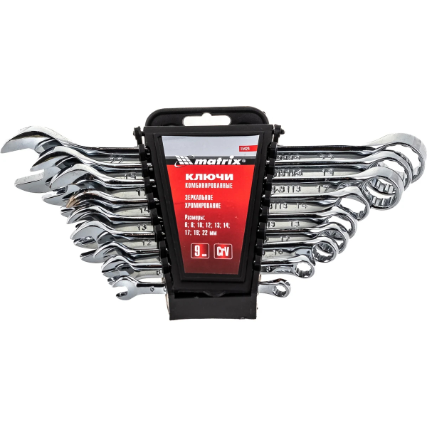 Набор ключей комбинированных, 6 - 22 мм, 9 шт., CrV, полированный хром// MATRIX