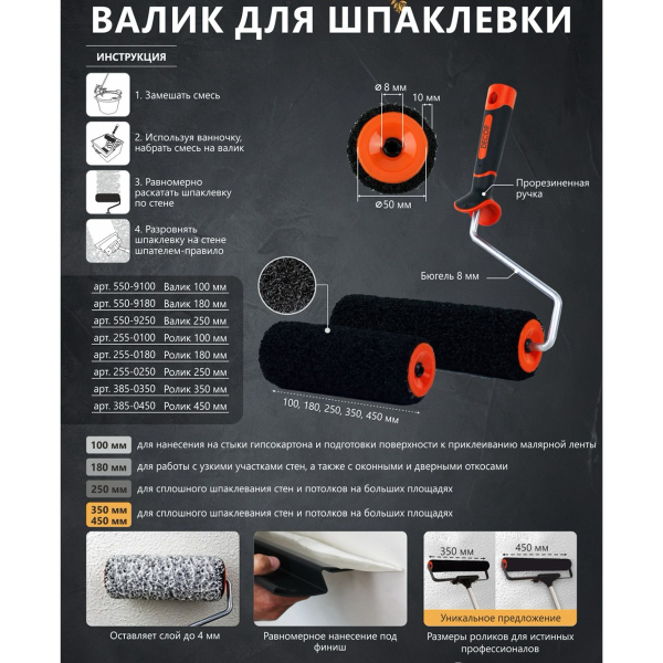 Валик 250 мм, d50 мм, ручка 8 мм, ворс 10 мм, для нанесения шпаклевки