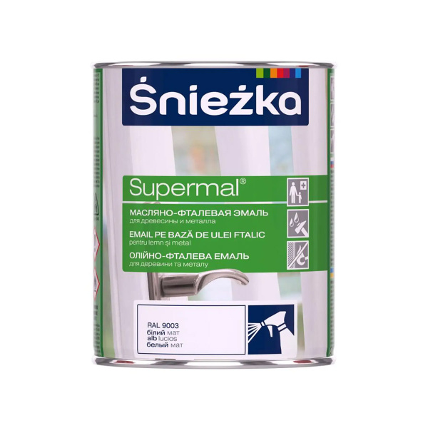 Эмаль масляно-фталевая для деревесины и металла Supermal белый мат F100 0,8л Эмаль масляно-фталевая для деревесины и металла Supermal белый мат F100 0,8л