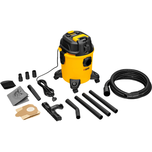 Пылесос строительный RVC20, 1400 Вт, бак 20 л, шланг 3 м, розетка с автосинхр.// Denzel