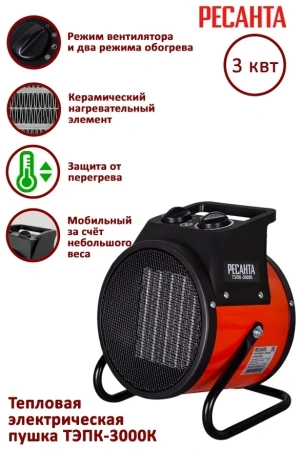 Тепловая электрическая пушка ТЭПК-3300К (керам. нагревательный элемент, круглая), Ресанта