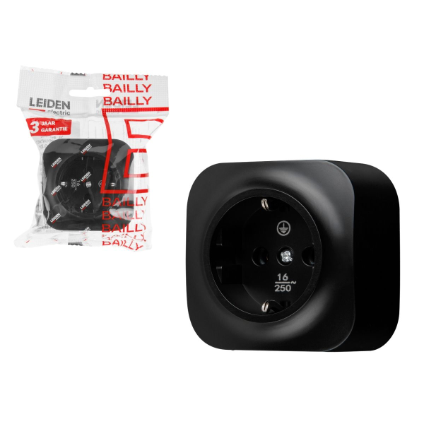 Розетка 1-ая (открытая, с/з) черная, Bailly, LEIDEN ELECTRIC, арт.806014