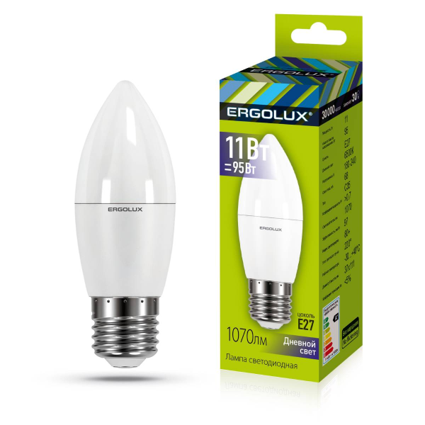 Лампа Ergolux LED-C35-11W-E27-6K (Эл.лампа светодиодная Свеча 11Вт E27 6500K 180-240В) 13623
