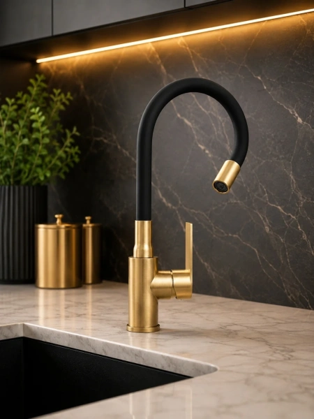 Смеситель д/к Aquadeus M12 Gold-Black силиконовый гусак