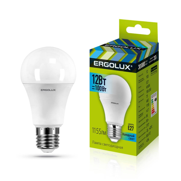 Лампа Ergolux LED-A60-12W-E27-4K (Эл.лампа светодиодная ЛОН 12Вт E27 4500K 180-240В) 12151