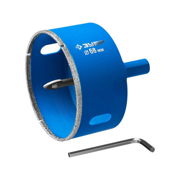 Коронка алмазная по кафелю и стеклу, d=68 мм, зерно Р 60, в сборе с центрирующим сверлом и имбусовым