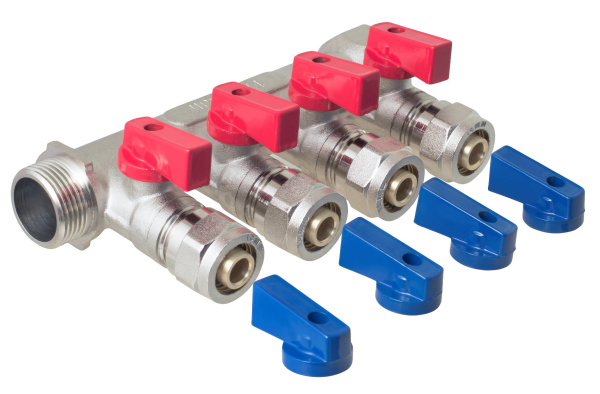 Коллектор 3/4" в/н с отсекающими кранами на 4 выхода 1/2" н + евроконус 16 х 1/2" MPF, MP-У