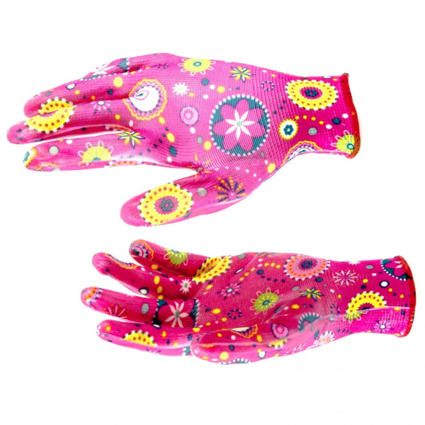 Перчатки садовые из полиэстера с нитрильным обливом, красные, M// Palisad