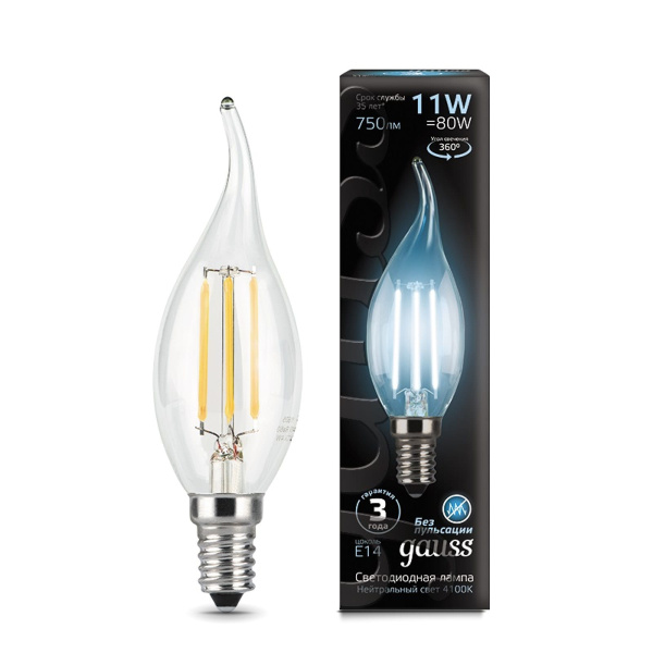 Лампа Gauss LED Filament Свеча на ветру 11W E14 750lm 4100K  104801211