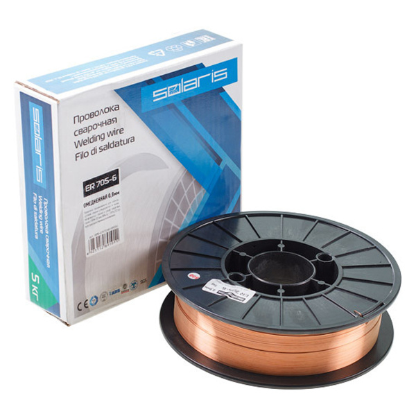 Проволока сварочная омедненная ER 70S-6 ф0,8мм (катушка D200 5 кг) SOLARIS, арт.WM-ER70S6-08050
