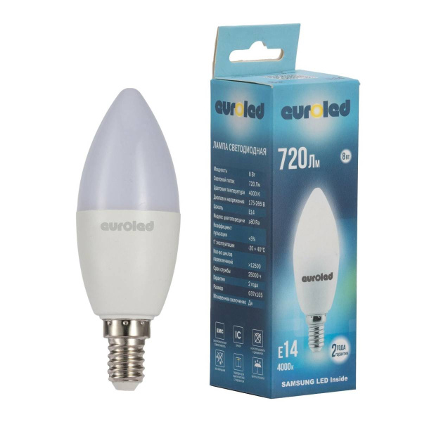 Лампа светодиодная Euroled C37 8W 4000K E14 матовая