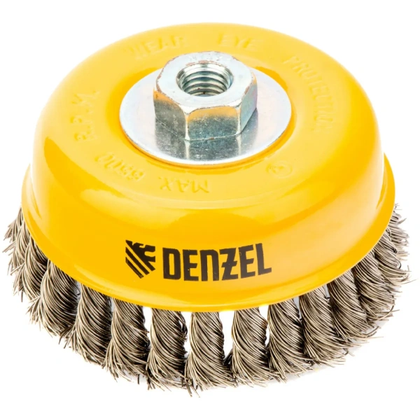 Щетка для УШМ, 125 мм, М14, Чашка, крученая нержавеющая проволока 0,5 мм// Denzel
