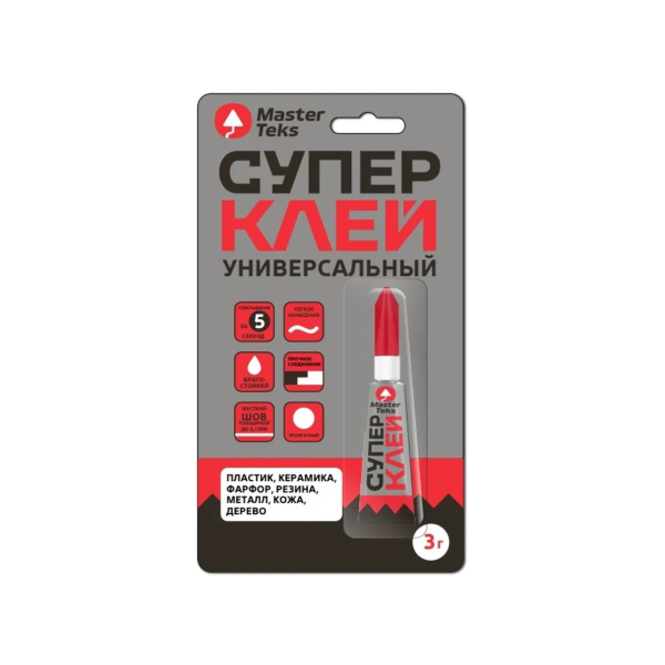 Супер-клей MasterTeks цианокрилатный универсальный 0,003 прозрачный (12 шт/блистерная лента)