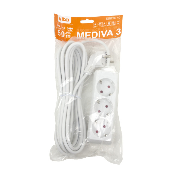 Удлинитель с/з 3 входа 5 метров MEDIVA 8003070