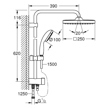 Душевая система GROHE 26680000 Vitalio Start 250  с переключателем наст. монтажа (1 реж.Rain c DripS
