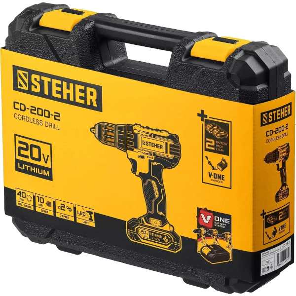 Дрель-шуруповерт STEHER 20В, 2 АКБ (2Ач), в кейсе, CD-200-2