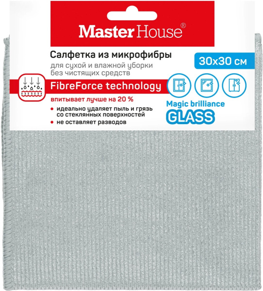 Салфетка Без разводов из микрофибры для стекол и зеркал 30х30 см 60304