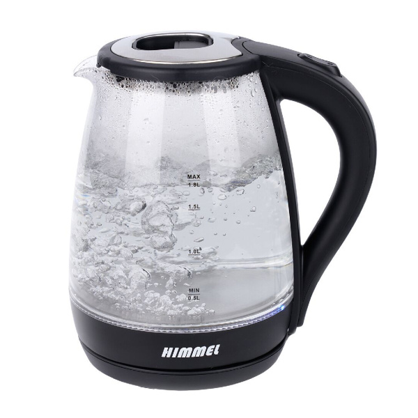 Чайник HIMMEL KB-2018, 1,8 л, 1500 Вт, закрытый нагревательный элемент, стекло пластик, черный