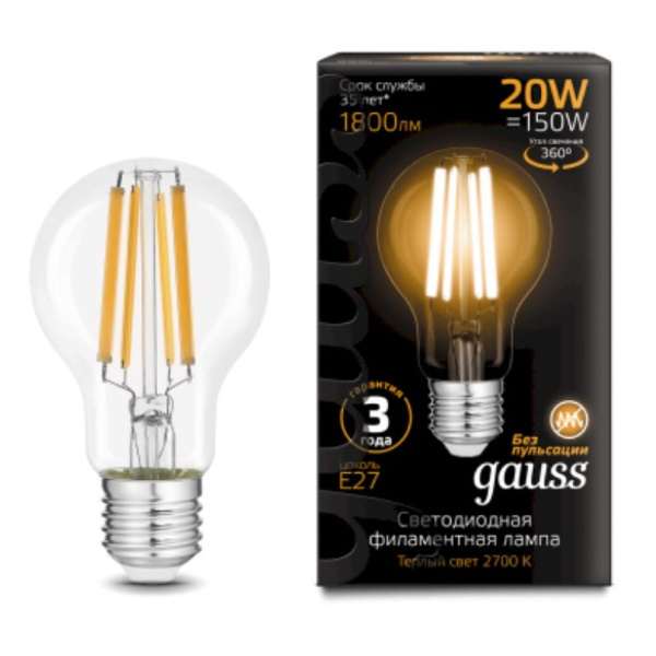 Лампа Gauss LED Filament А60 20W 1800lm 2700К Е27 102902120