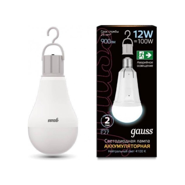 Лампа Gauss Led A80 12W 900lm 4100K Е27 авар. с Li-Ion аккумулятором 102002212