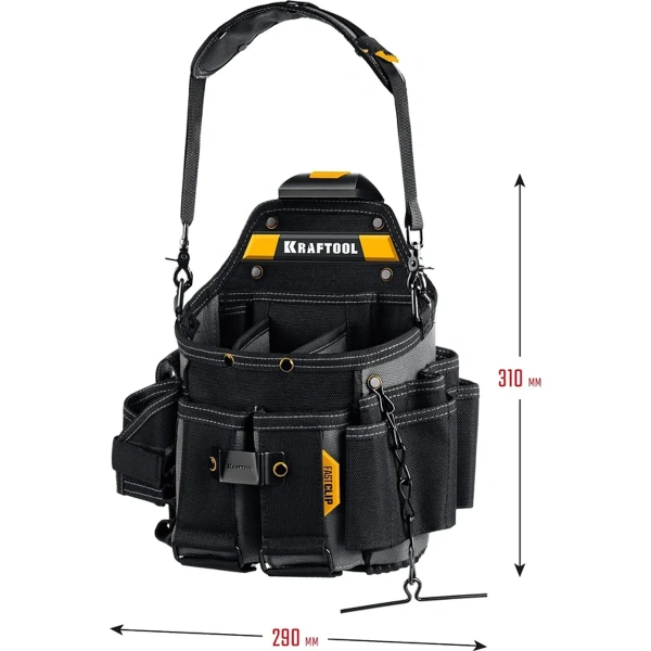 Сумка поясная KRAFTOOL KPB-23 с быстросъёмным креплением FastClip, плечевой ремень, 23 кармана и пет