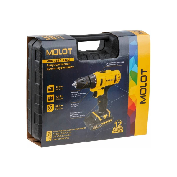 Дрель-шуруповерт аккум. MOLOT MBD 1815-1 DLi в чем. 18В, 2 акк., 1.5 А/ч Li-Ion, 2 скор., 30 Нм, арт