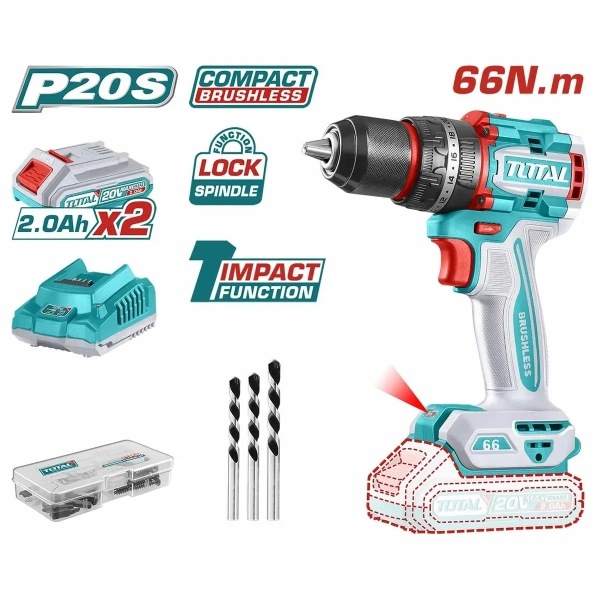 Шуруповерт аккумуляторный бесщёточный "ТОТАL" TIDLI20668 - LI-Ion, 20V, 66Nm INDUSTRIAL.