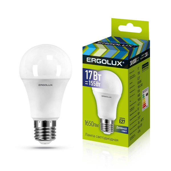 Лампа Ergolux LED-A60-17W-E27-6K (Эл.лампа светодиодная ЛОН 17Вт E27 6500K 180-240В) 13181