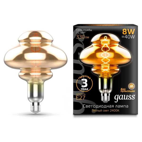 Лампа Gauss LED Filament BD160 8W Е27 330lm 2400К  gray flexible 162802008