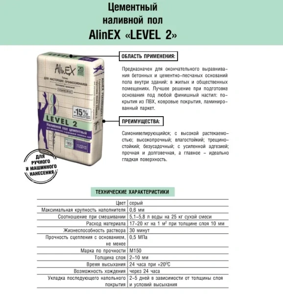 АlinEX наливные полы Левел-2 фасовка (25кг) АlinEX наливные полы Левел-2 фасовка (25кг)