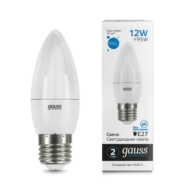 Лампа Gauss LED Elementary Свеча 12W E27 950Im 6500K 30232