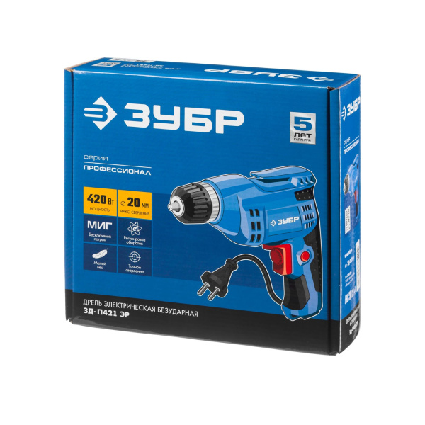 Дрель безударная реверсивная ЗУБР Профессионал ЗД-П421 ЭР, 420 Вт, 0-3300 об/мин, БЗП патрон 10 мм