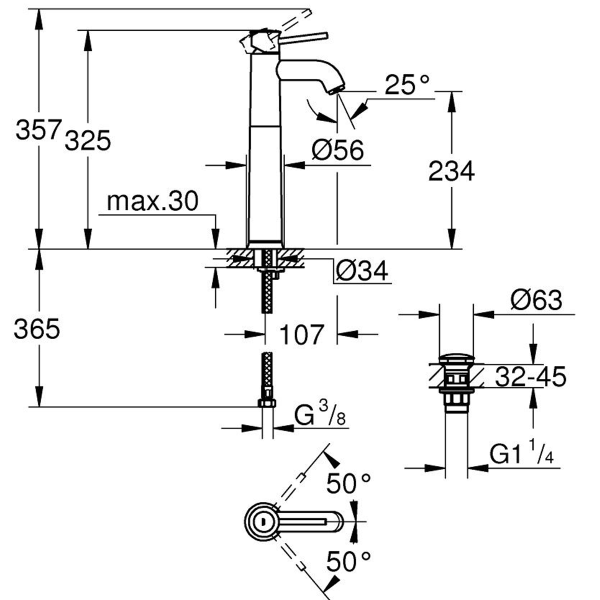 Смеситель д/р  Grohe 23784000 Start Classic свободностоящей раковины с нажимным донным клапаном, XL- Смеситель д/р  Grohe 23784000 Start Classic свободностоящей раковины с нажимным донным клапаном, XL-