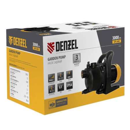 Насос садовый поверхностный  GPL600, 600 Вт, 3000 л/ч, подъем 35 м, пластик// Denzel