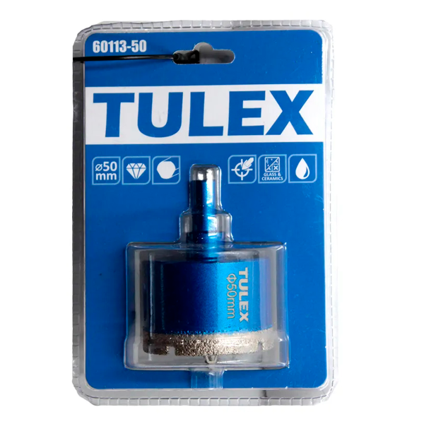 Коронка алмазная TULEX 60113-50 по стеклу и керам.плитке, центр.сверло, трехгранный хвостовик, 50мм