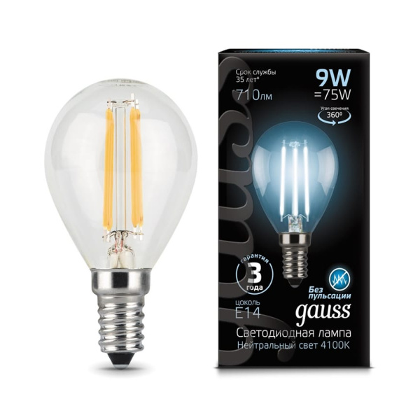 Лампа Gauss LED Filament Шар 9W E14 710lm 4100K  105801209