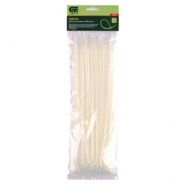 Хомуты СИБРТЕХ 300 х 3,6 мм, пластмассовые, белые, 100 шт.