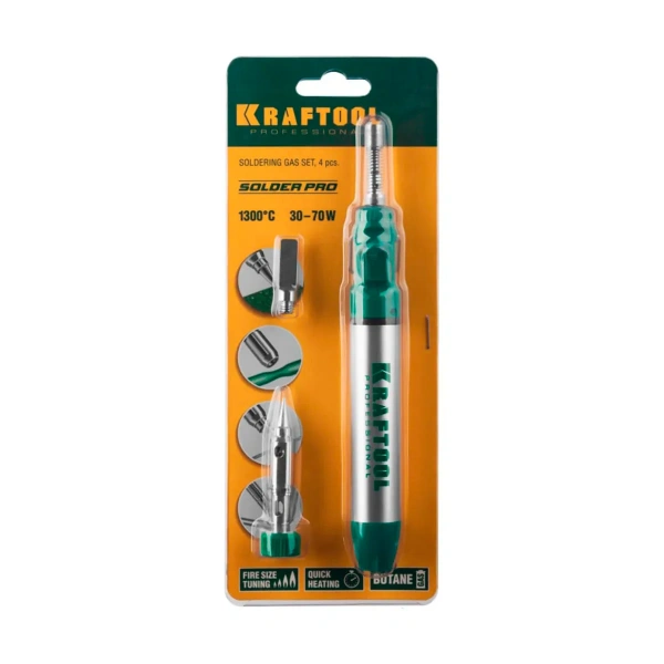 KRAFTOOL SolderPro 70A набор 3-в-1, паяльник газовый, горелка, фен, 30-70 Вт,  1300°С