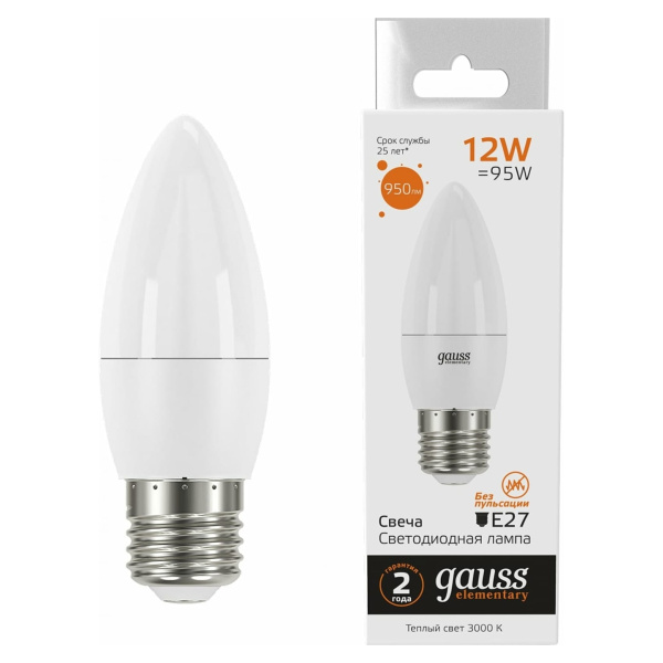 Лампа Gauss LED Elementary Свеча 12W E27 950lm 3000K 30212
