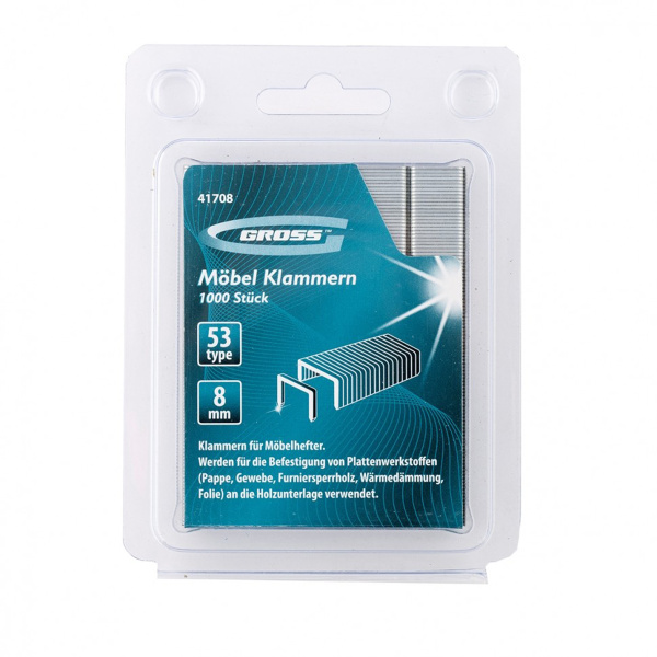 Скобы, 8 мм, для мебельного степлера, усиленные, тип 53, 1000 шт.// GROSS