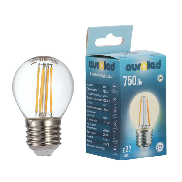 Лампа светодиодная Euroled G45 6W 3000K E27 прозрачная
