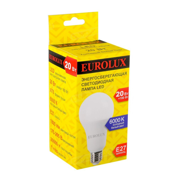 Лампа светодиодная LL-E-A70-20W-230-6K-E27 (груша, 20Вт, холод, Е27) Eurolux
