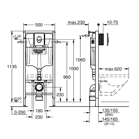 Инсталляция Grohe 38956000 Solido 3 в 1: для подвесного унитаза, накладная панель Skate Air, для мон