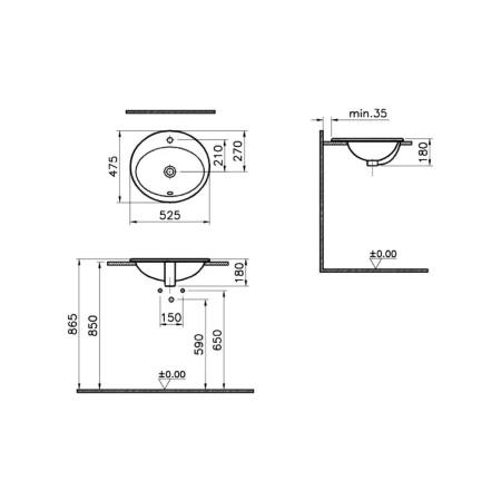 Раковина накладная Vitra S20 овальная 53 cм, c переливом, цвет белый (5468B003-0001)
