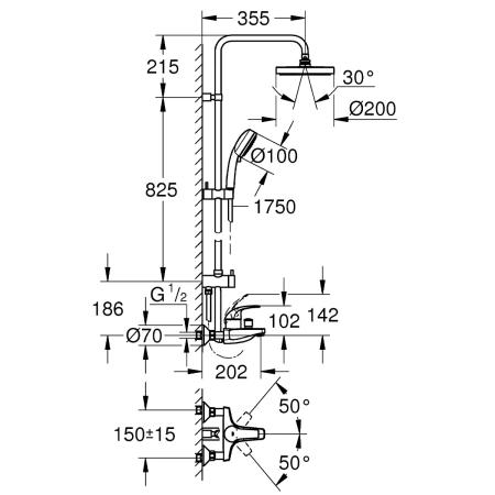 Душевая система GROHE  26305001 Tempesta Cosmopolitan 200 ,Ван круг белый