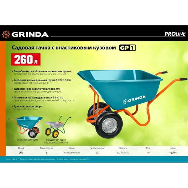 Тачка садовая GRINDA GP-1, с кузовом увеличенного объема 260 л, г/п 120 кг, ударопрочный пластик, PR