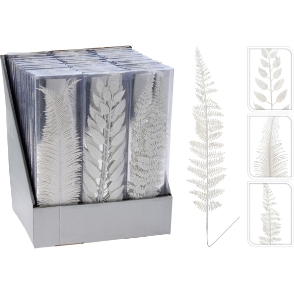 Ветка папаротника Новогодняя 3 шт. 32х2х7,5 см белый глиттер 3 вида в ассорт.AWR300050 К