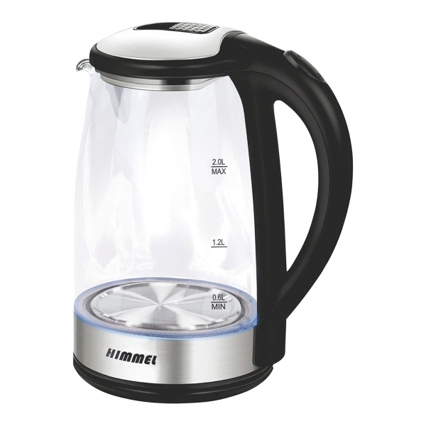 Чайник HIMMEL KB-6020, 2 л, 1500 Вт, закрытый нагревательный элемент, стекло пластик, черный