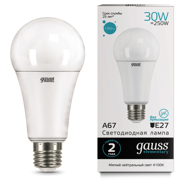 Лампа Gauss LED Elementary A67 30W E27 2360 lm 4100K 73229